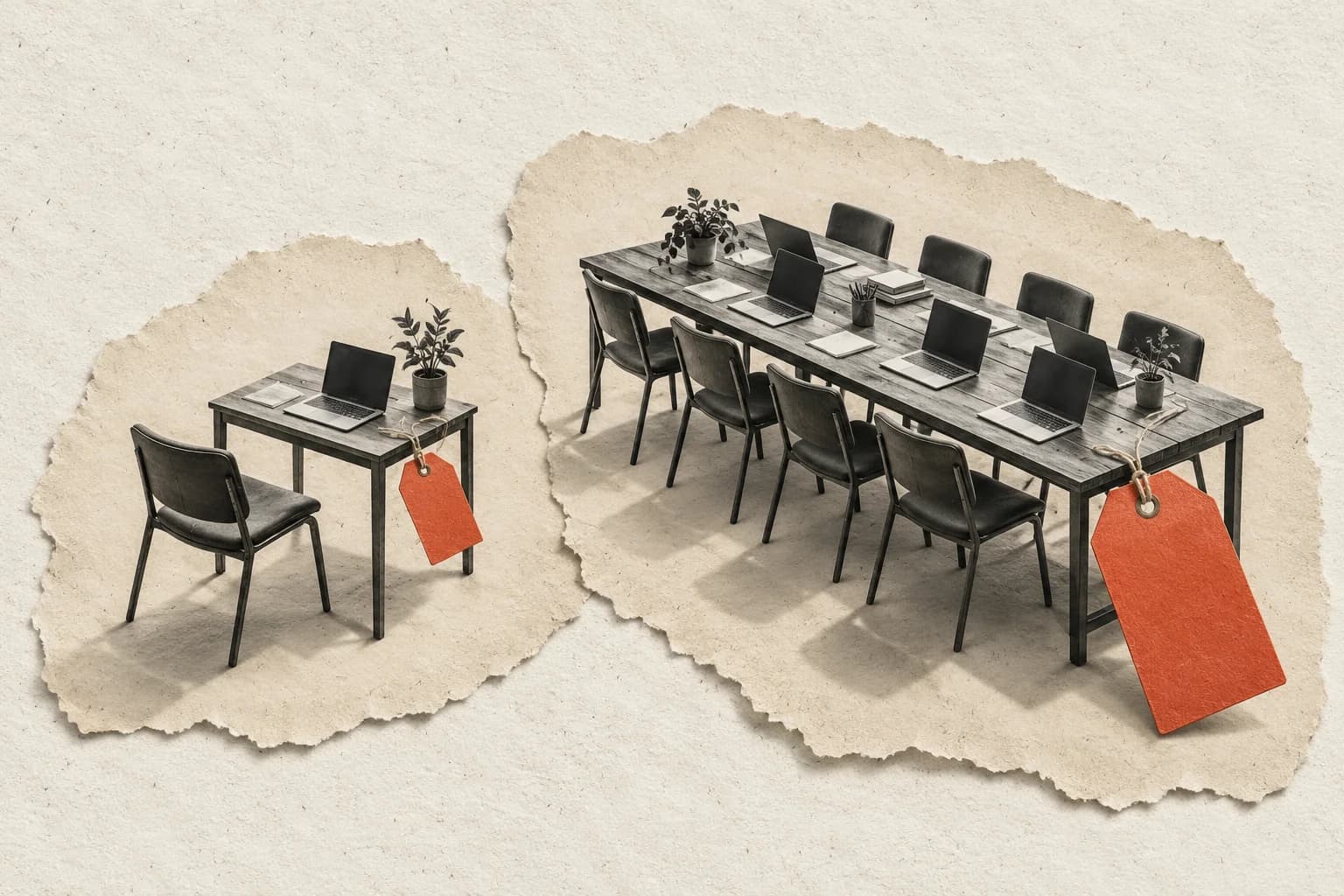 Paper collage of a single laptop desk and a shared training table, each with one red price tag, illustrating per-person and per-group pricing.
